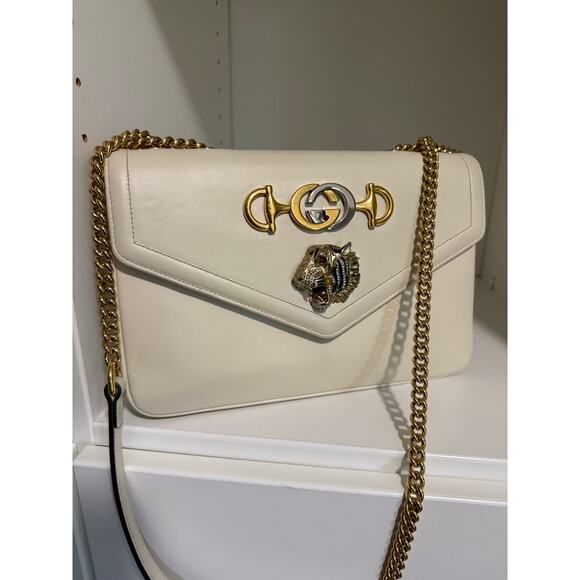 $3999 Gucci Vitello Palmellato Lux Crystal Medium Rajah Shoulder Bag White - Picture 3 of 16